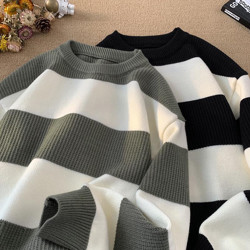 Men's Striped Crew Neck Sweater, 2024 Autumn/Winter Teen Casual, Loose Fit, Color Block, Lazy Style Knitted Cardigan.