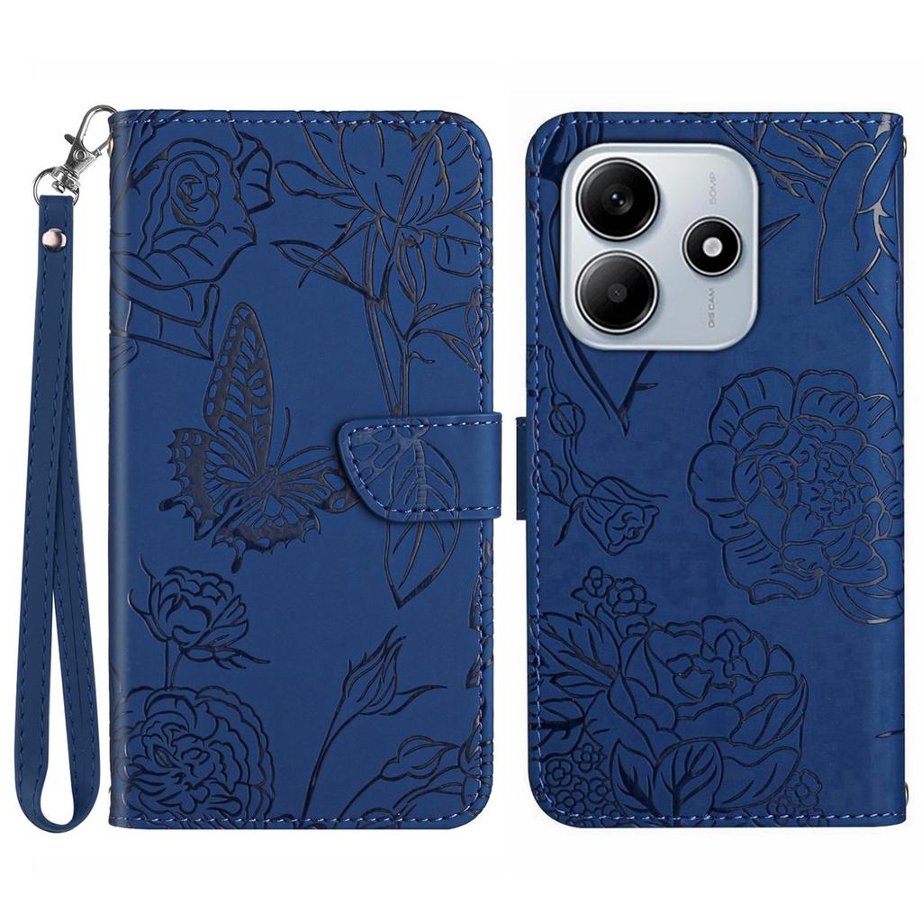 For Xiaomi Redmi Note 14 5G Case Leather Phone Cover with Strap, Butterfly Flower Imprint