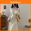 French Elegant Long Sleeve Dress With Knit Fabric And Ruffle Details For Spring Fashion