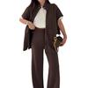 Women's Two Piece Outfit Casual Full And Wide Leg Pants Short Sleeve Shirt Set Casual