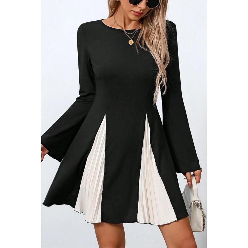 

Women Contrast Pleated Dress Long Sleeve Round Neck Flared Hem Casual Party Wear S чорний