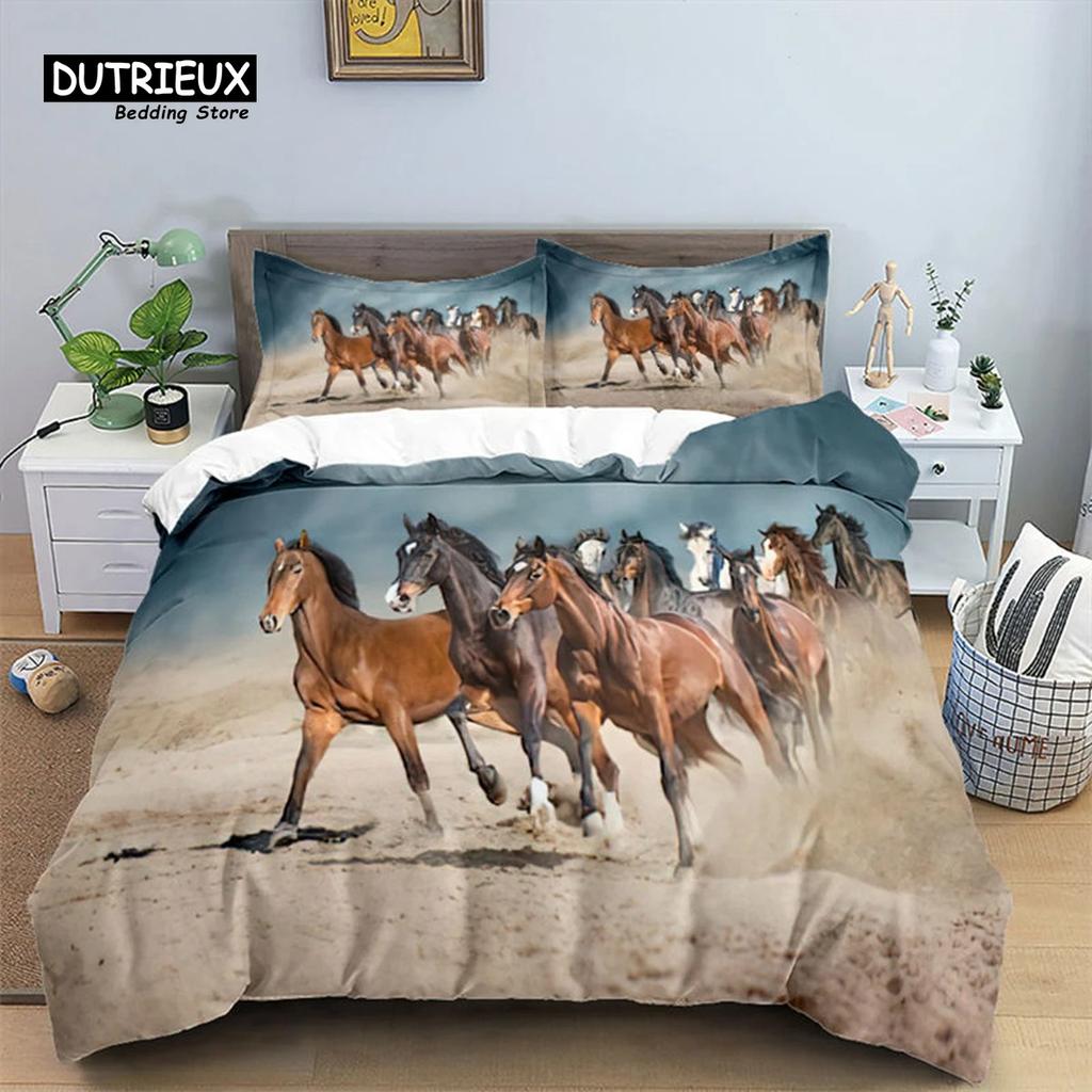 Horse Comforter Cover Set For Kids Toddler Farm Animal Pattern Bedding Set Boys Girls 3 Piece Farmhouse Cowboy Duvet Cover Set