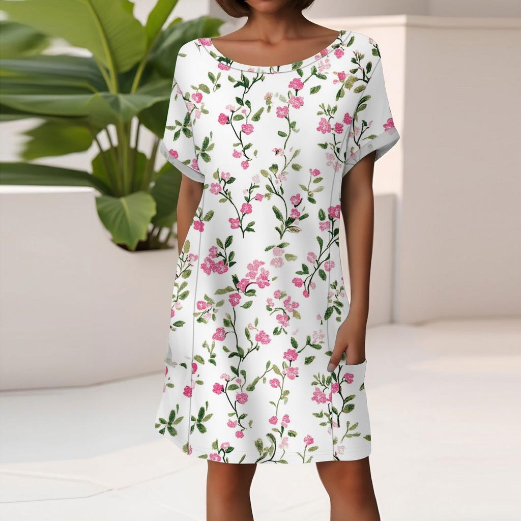Damenmode Kurzarmkleid mit Taschen Blumendruck Lässiges Strandkleid