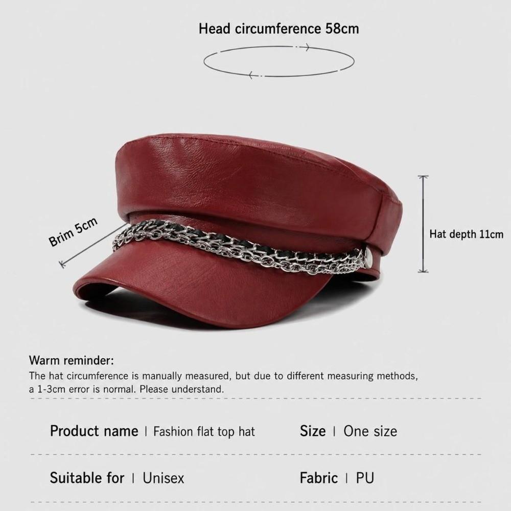 PU Leather Beret Hat Silver Chain Decor Octagonal Beret Cap Vintage Peaked Hat  Autumn Winter