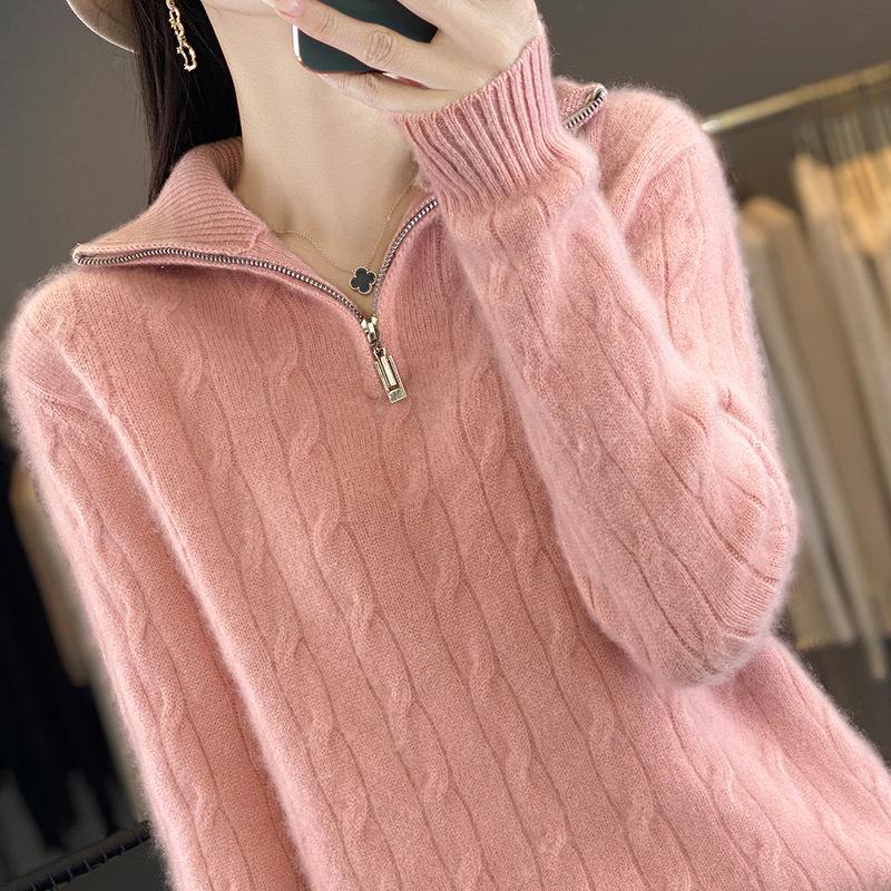 High-Neck Pure Wool Women's Slimming Cable Knit Cashmere Half-Zip Pullover Sweater
