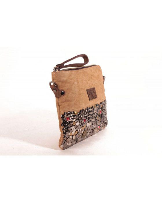 Sac bandoulière - Le Temps des Cerises - Taka 5 - Sable/Cognac - Cuir et toile - 26x2x20 cm