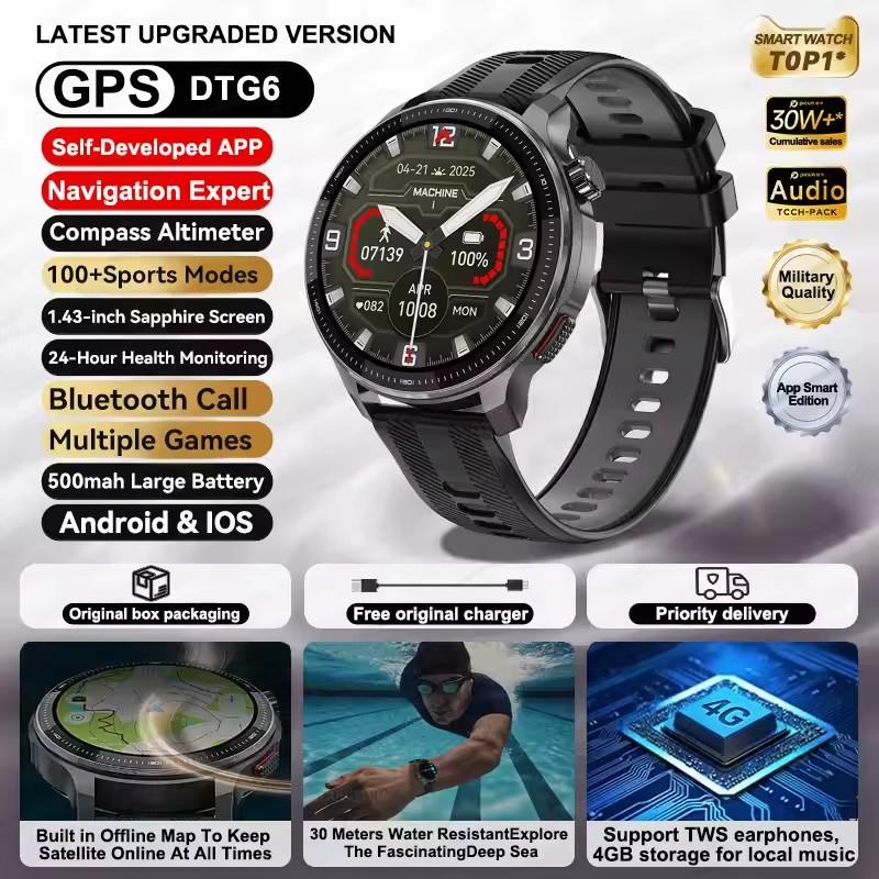 

2026 Новые GPS Офлайн Карты Умные Часы Мужские Память 3D Стиль Меню TWS MP3 и 1.43 AMOLED Компас MP4 Плеер Спорт Плавание Водонепроницаемый Браслет чёрный