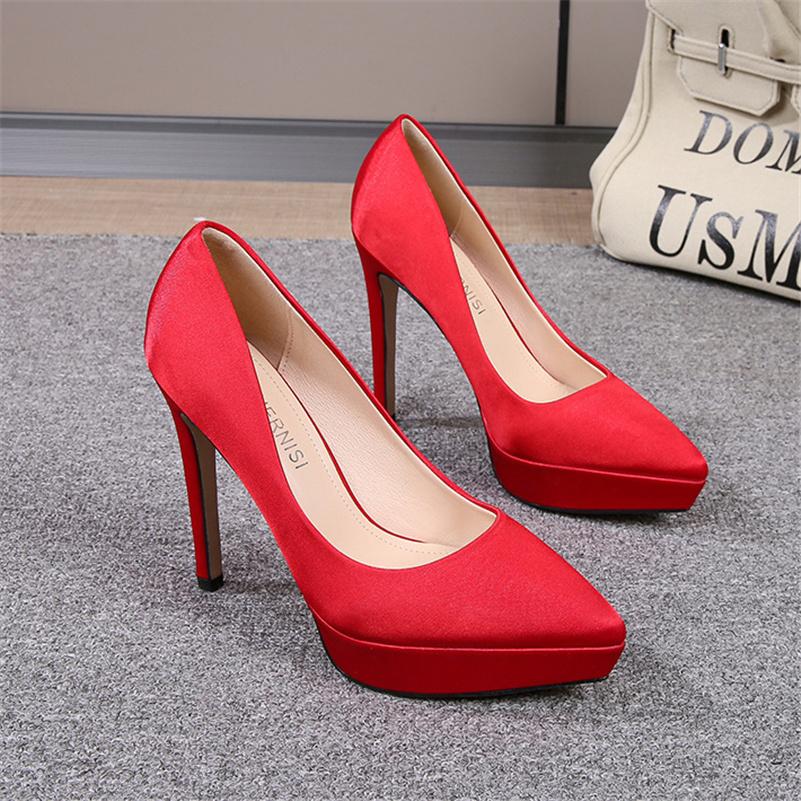 Women 12cm High Heels Scarpin Silk 2 .5cm Platform Pumps Lady Satin Stiletto Heels Plus Size 46 Green Fashion Office Shoes