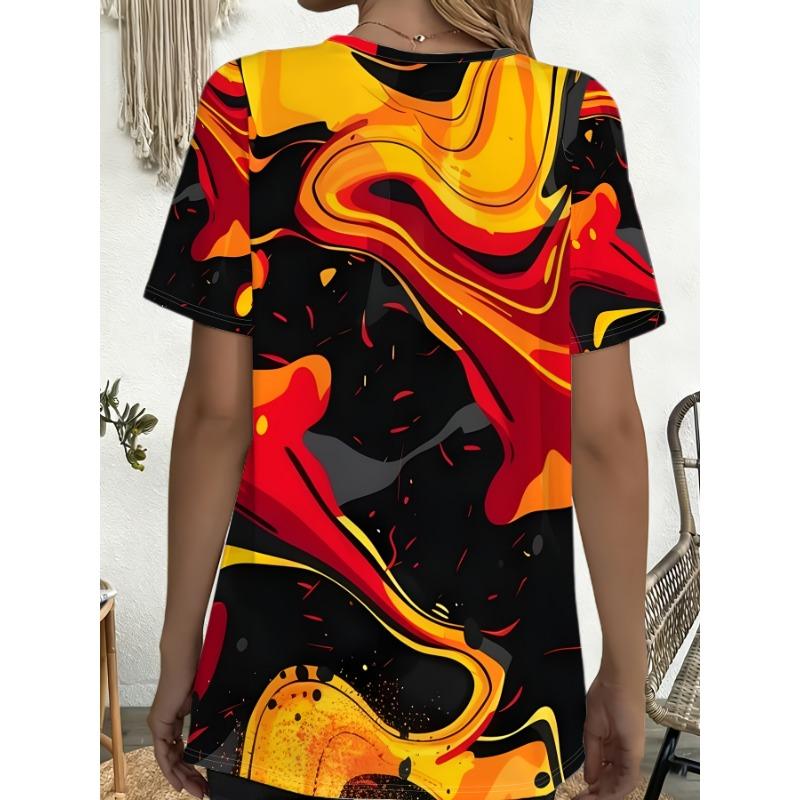 Women'S Summer Flame Fluid Abstract Art Style Printed Pocket Round Neck Short Sleeve T-Shirt Athletic Casual Comfortable Top