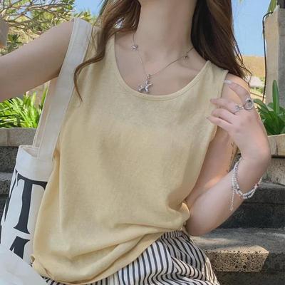 Women's 2024 Yellow Cotton-Linen Sleeveless Camisole Top: Loose Fit, Slimming Summer Outerwear