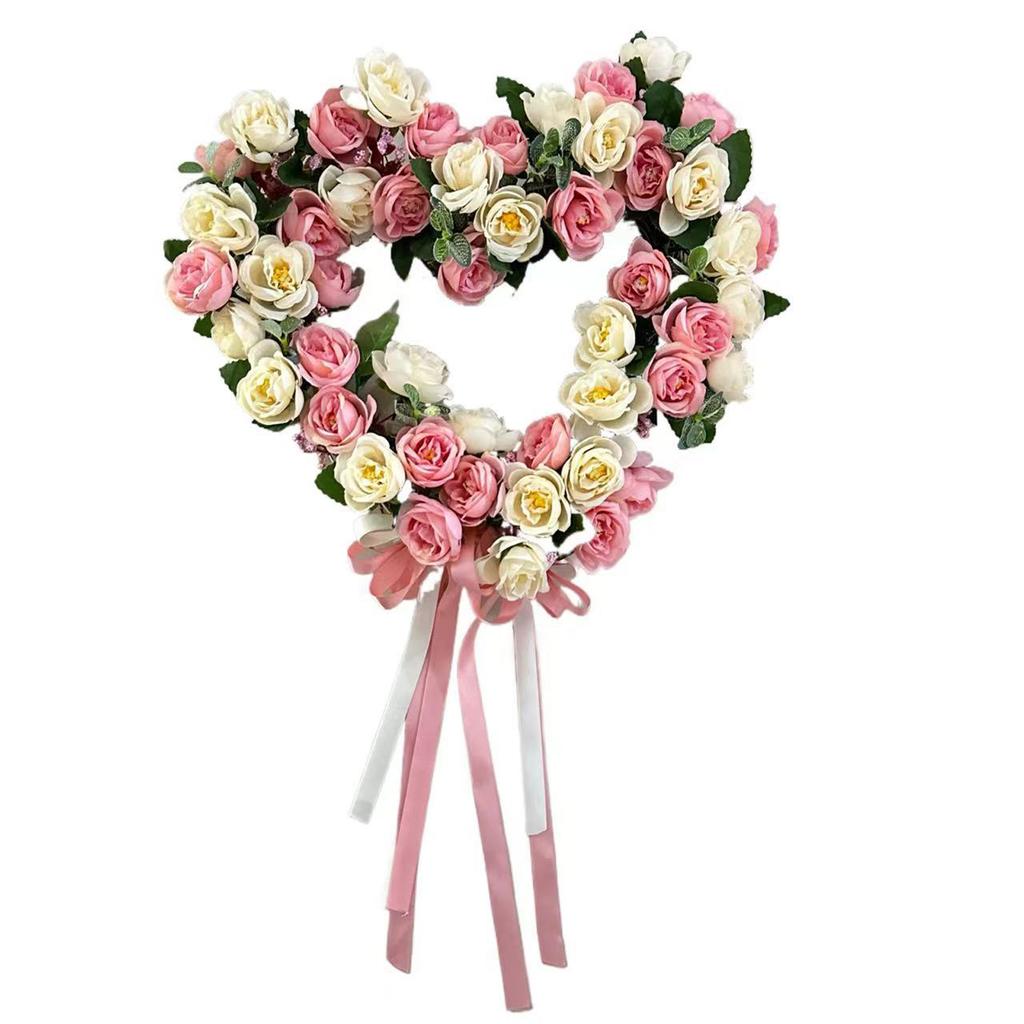 Romantic 35cm Heart Shaped Wreath Wedding Artificial Rose Door Hanger Valentine Pink White Double Ribbon Wall Decor