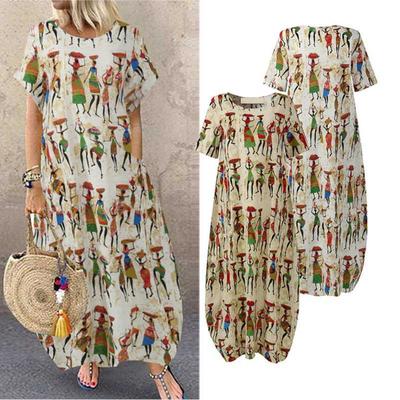 Women's Fashion Summer Spring Solid Color Print Short Sleeve O-Neck High Waist Casual Dresses