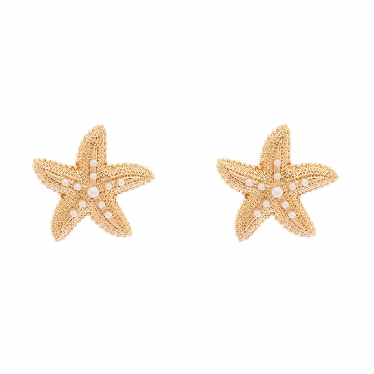 

Exaggerated holiday style inlaid pearl starfish earrings beach style marine animal earrings золотой