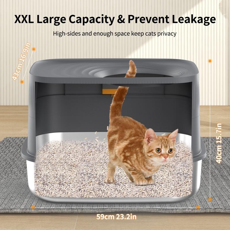 Stainless Steel Large Fully Enclosed Cat Litter Box Top Entry Easy Clean Pet Product Supplies Non-Sticky Cat Bedpans Accessories