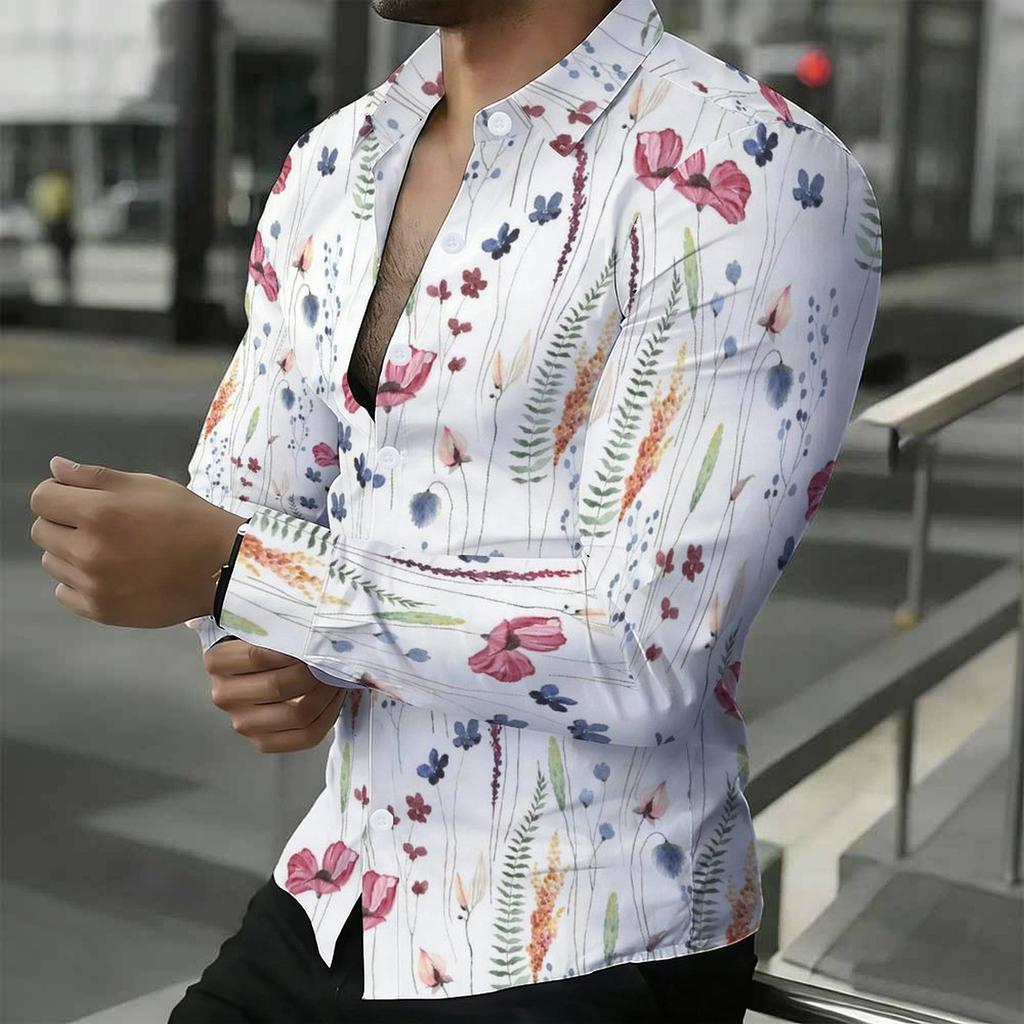 Men Collared Shirt Light Blue White Apricot Floral Leaf Print Long Sleeve Button Down Top