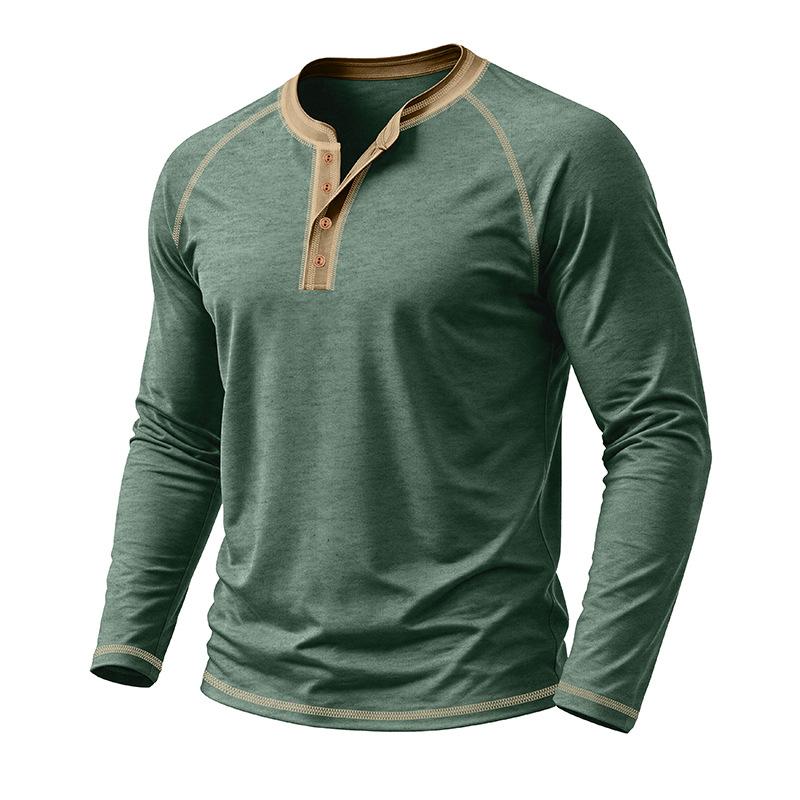 Men's Henley Long Sleeve T Shirt Raglan Color Contrast Stitching Button Placket Solid Casual Pullover Tops Spring Autumn Daily Tees