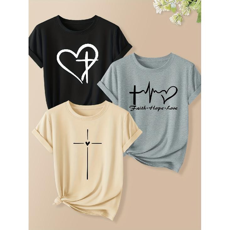 Three-piece set of women's Christian cross and heart letter print short-sleeved shirts 2025Autumn fashion trend: retro round neck, cute style T shirt