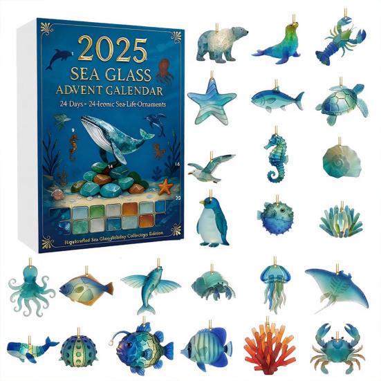 

2025 Christmas Countdown Calendar 24 Days Sea Glass Handmade Ornaments Ocean Animals Figurine Advent Calendars for Christmas Tree 1 Set