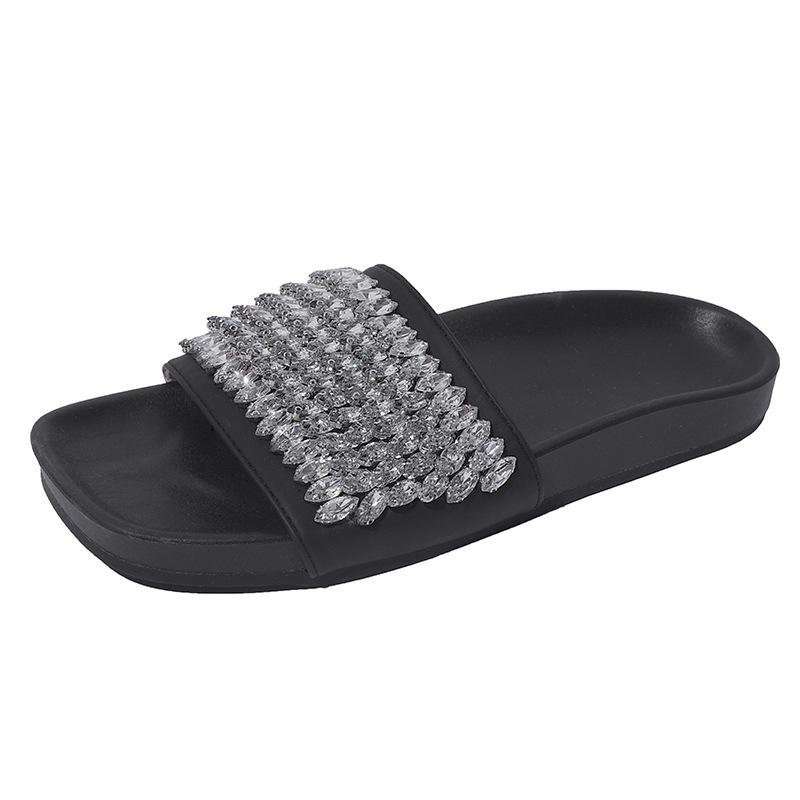 Fashion versatile casual exquisite rhinestone thick-soled one-word slippers women's summer retro temperament open-toed flat-bottomed cool slippers