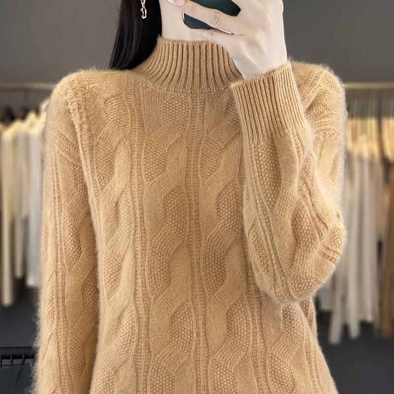 Women’s 100% Pure Wool Cable Knit Sweater - Half-High Neck, Loose Fit, Winter Pullover