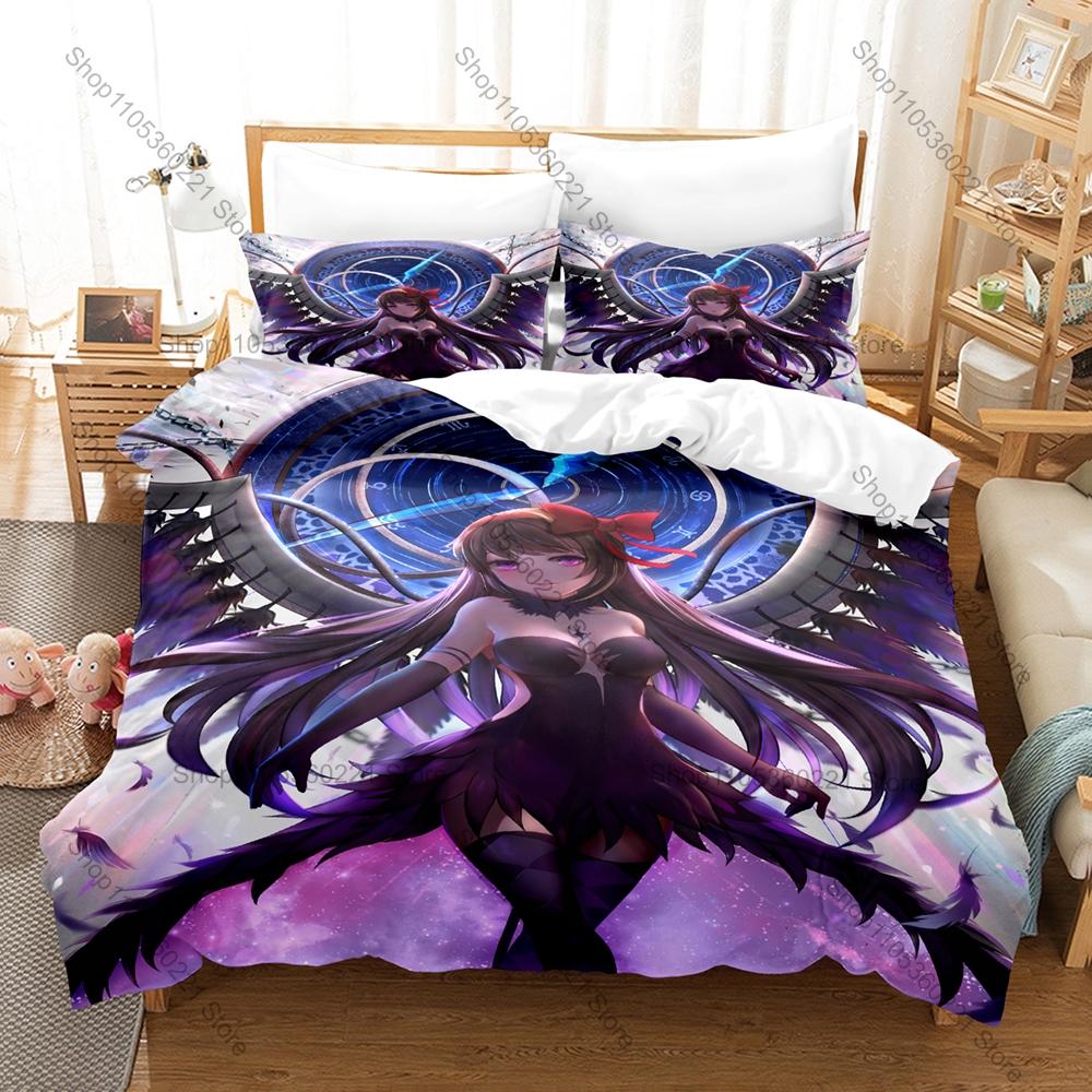 Devil Homura Akemi Duvet Cover + 2 Pillowcases Puella Magi Madoka Magica Dark Magical Girl Bedding Set Soft Fabric Decor Anime