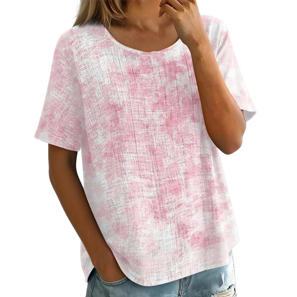 Women's Vintage Floral Print Short Sleeve Round Neck Blouse Lightweight Breathable Linen Blend Casual Top for Summer