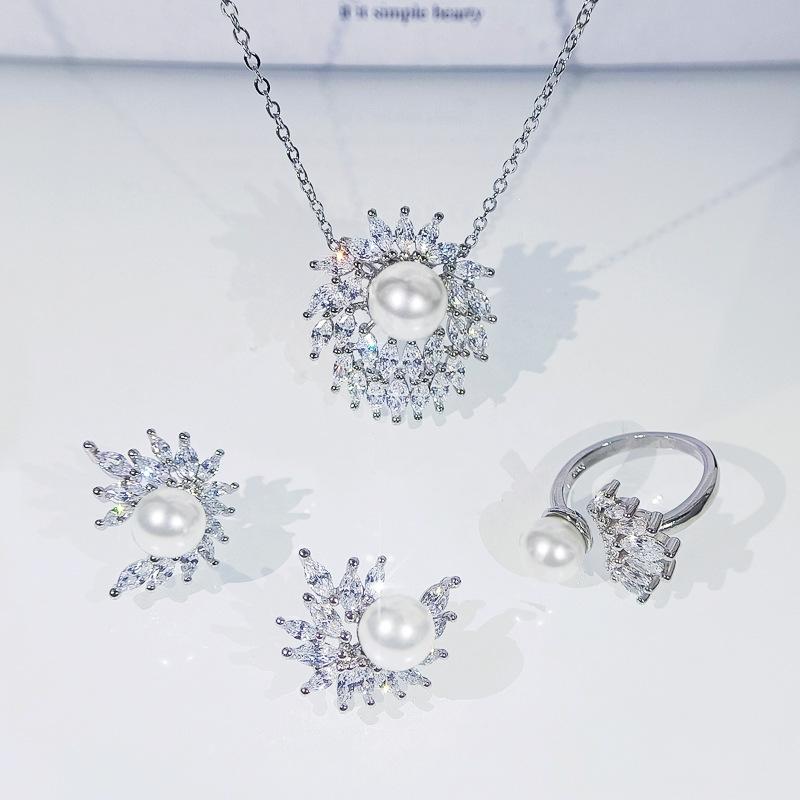 Group-inlaid Zircon Fashion Simulated Pearl Bead Pendant Earring Open Ring Set Decoration