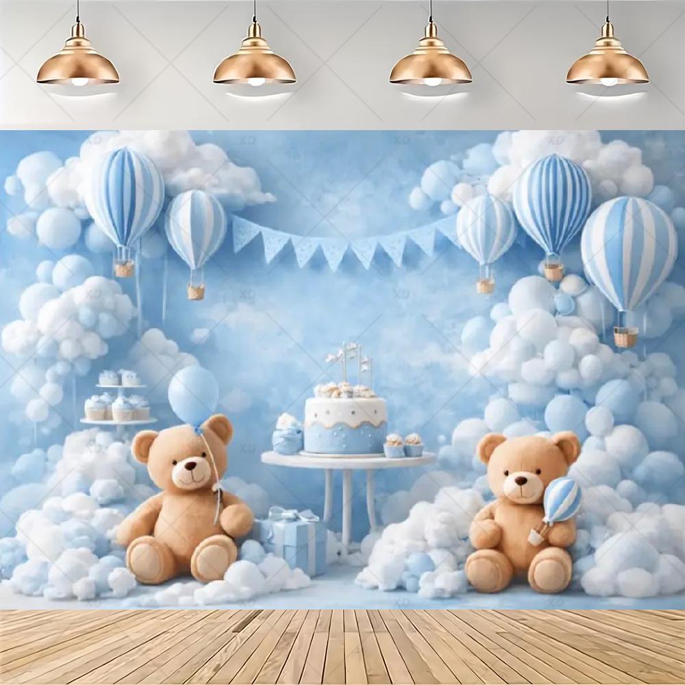 Teddy Bear Hot Air Balloon Backdrop Banner Newborn 1st Birthday Party Decoration Background Baby Shower Photography Studio Props