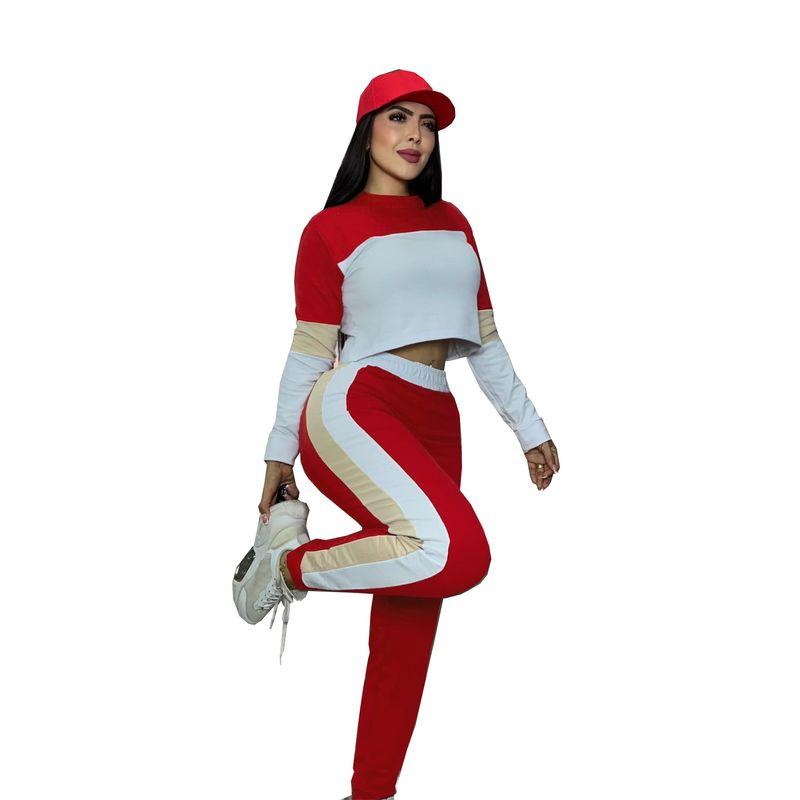 

Tw776 Fashion Fashion Street Color Contrast Patchwork Long Sleeves Pullover Women s Sports Casual Pants Two-piece Set Red XL