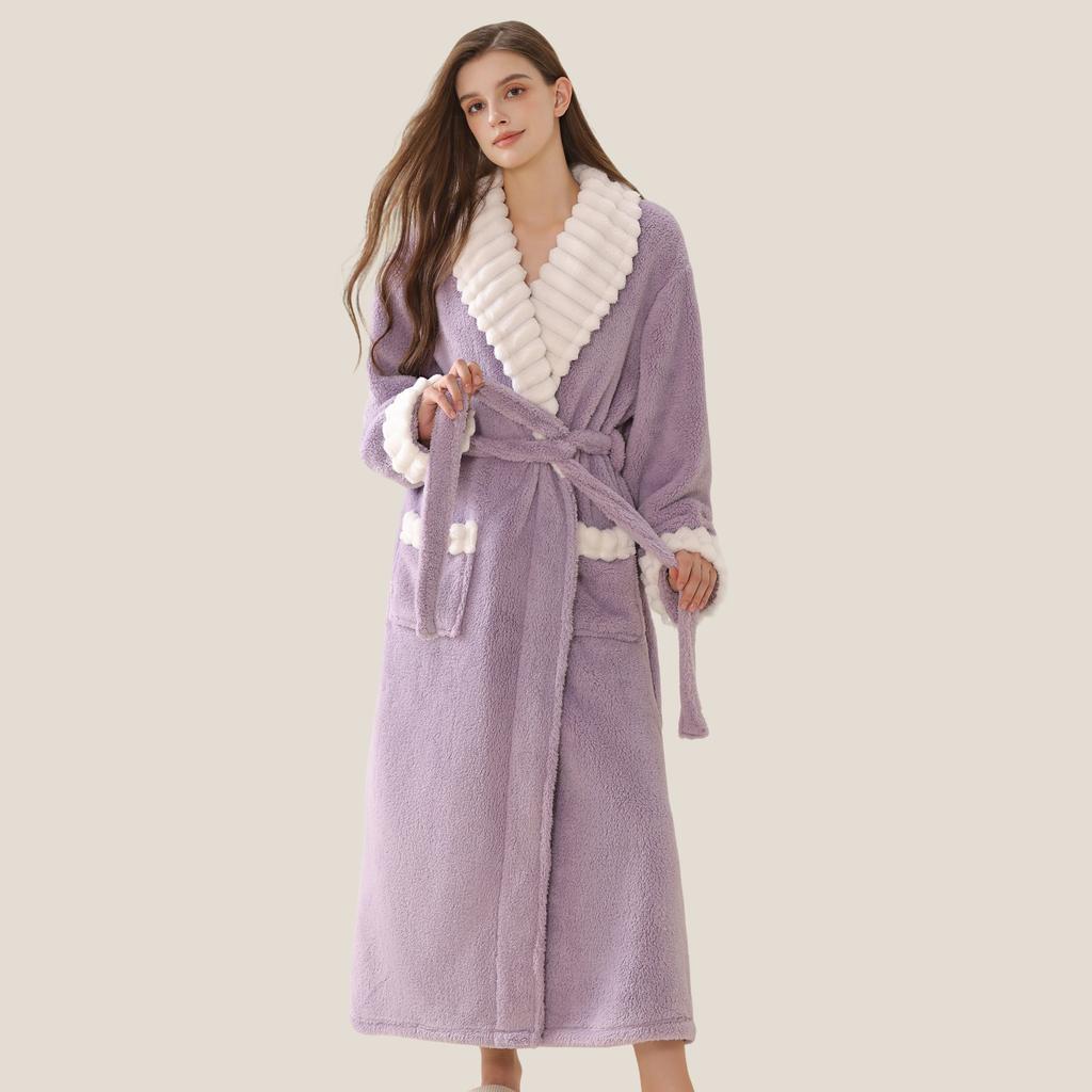 Women's Autumn and Winter Long Bathrobe Plus Velvet Thick Warm Home Wear