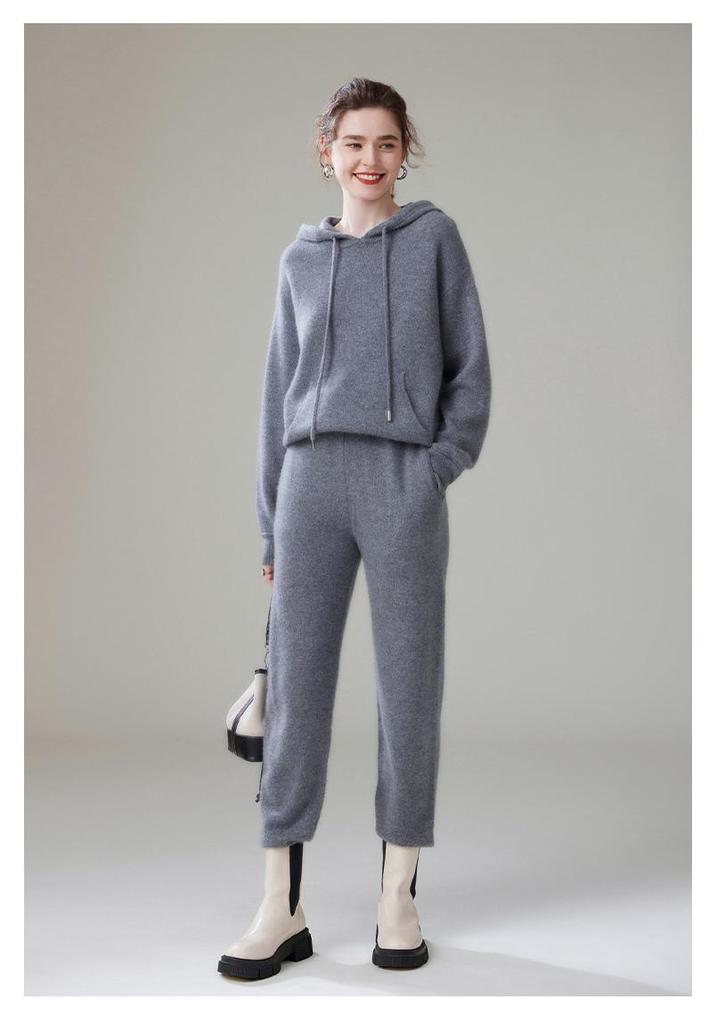 Women's Loose Fit Hooded Cashmere Sweater Set - 2026 Autumn/Winter Solid Color Gentle Style Base Layer.