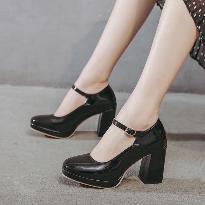 

Туфли Мэри Джейн на высоком каблуке с французским круглым носком, женские элегантные одинарные туфли 2024 года, женские туфли-лодочки в стиле ретро с винно-красным неглубоким носком и толстым каблуком 34 чёрный