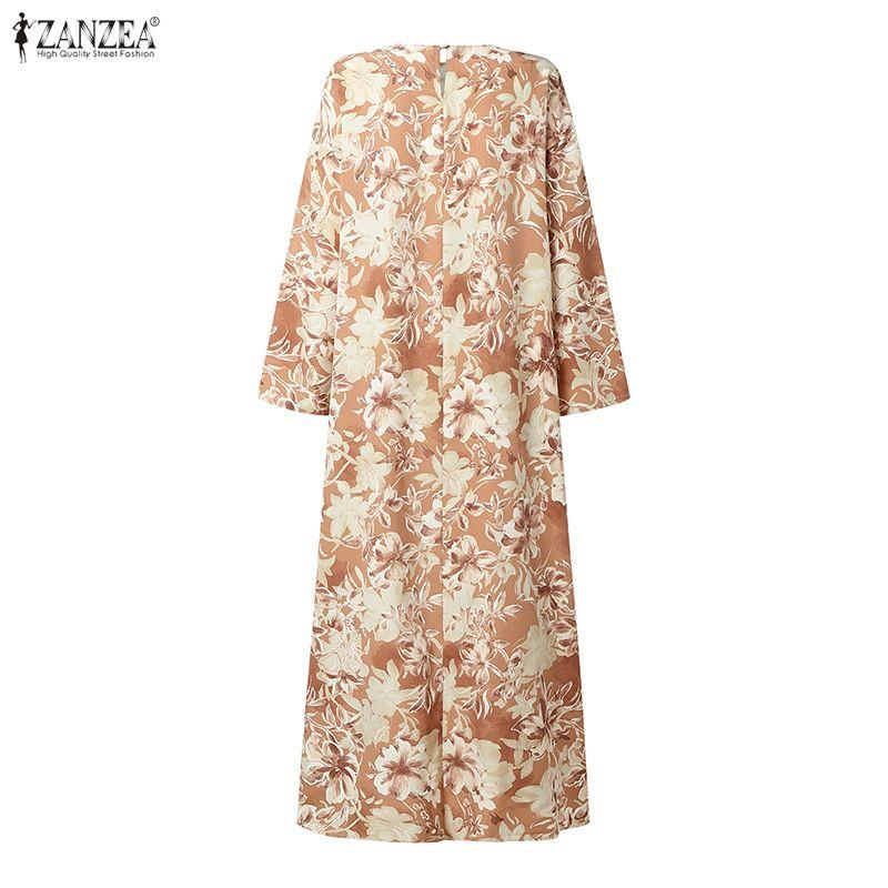 ZANZEA Abito Lungo Casual da Donna con Scollo Rotondo, Manica a 3/4, Stampa Floreale, Vestibilità Ampia
