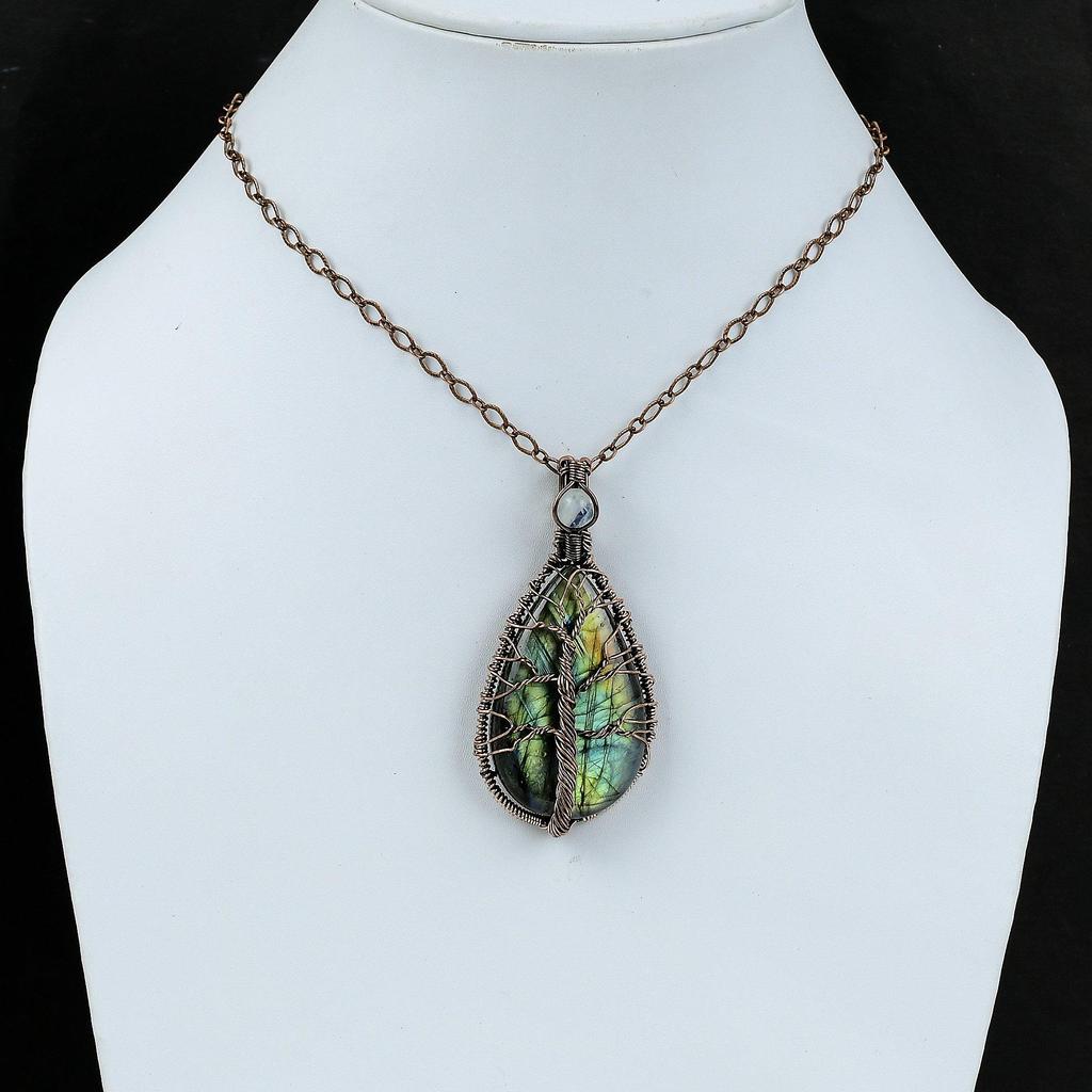 Tree Of Life Labradorite Pendant Copper Wire Wrapped Rainbow Moonstone Pendant Handmade Gemstone Pendant Antique Copper Jewelry Gift For Him