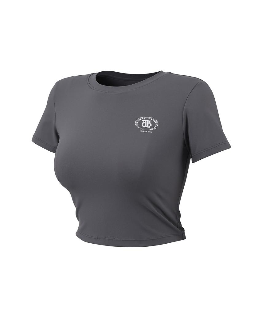 BORN TO WIN W Quick Dry Emblem Semi Crop T-Shirts [Charcoal]