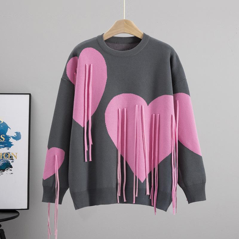 Soft Waxy Sweater Women's Autumn and Winter Soft Round Neck Fringed Love Loose Lazy Style Fashion Knitted Sweater Top Tide