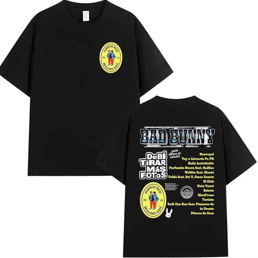 Rapper Bad Bunnys 2025 Tour Album Printed Tshirt for Unisex Casual and Fashionable Cotton Shortsleeved Women Summer T Shirt
