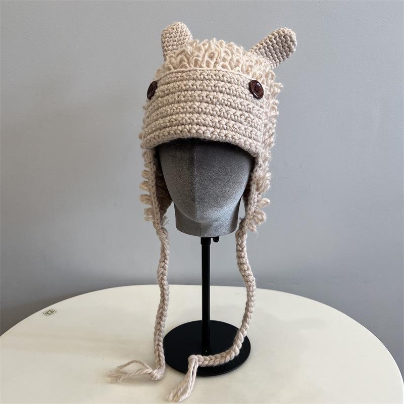 Cute Rabbit Ears Burr Feeling Hand Crocheted Male and Female Students Funny Cartoon Autumn and Winter Warm Pullover Hat