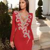 Black Red Rhinestone Long Sleeve Bandage Evening Dress