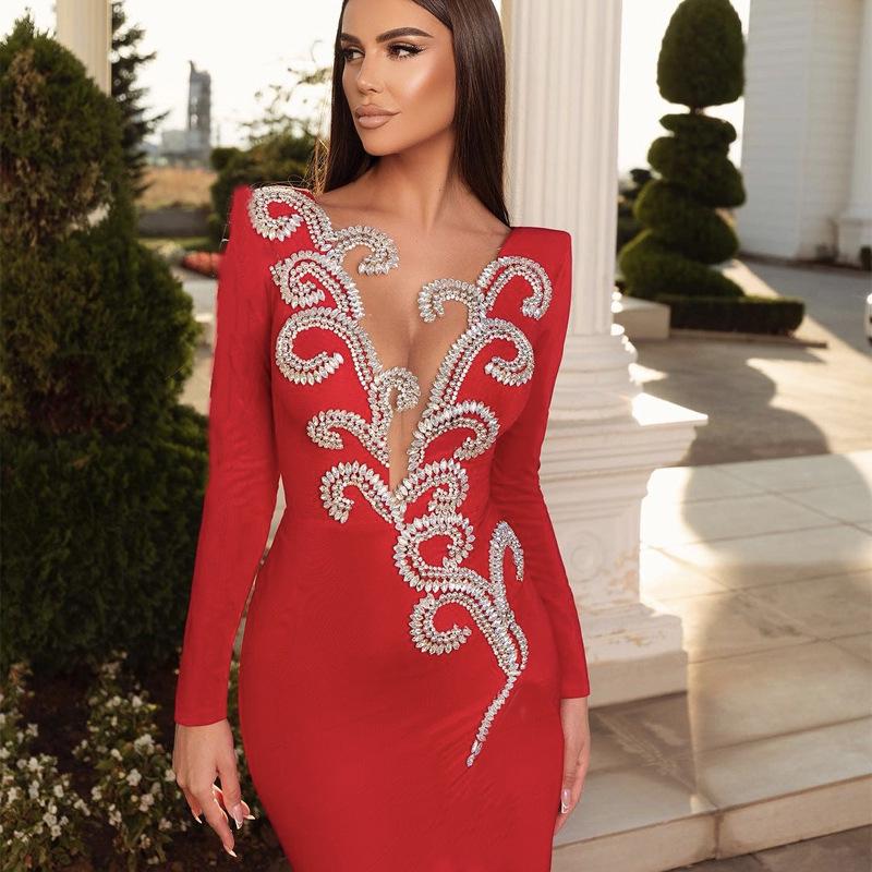Black Red Rhinestone Long Sleeve Bandage Evening Dress