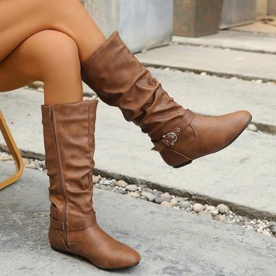 Women's Shoes  Side Zip Knee-High Women's Boots Brand Daily Boots Women Belt Buckle Pleated Round Toe Flat with Shoes Women