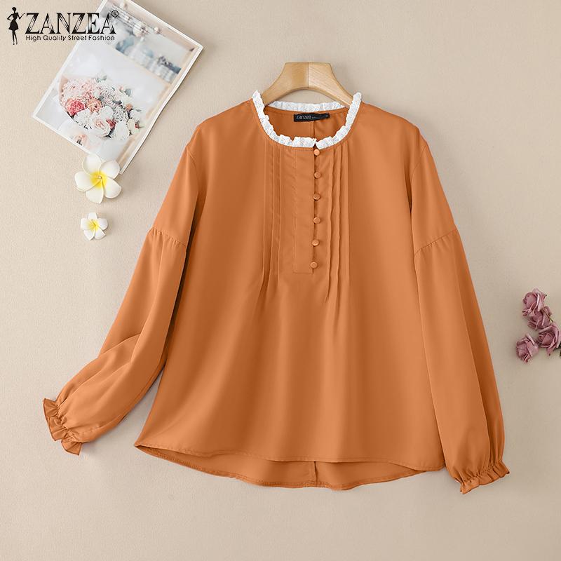 ZANZEA Women Casual Round Neck Loose Long Sleeve Blouse