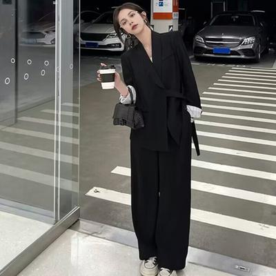 2 Pcs/Set Lady Formal Coat Pants Set Long Sleeves Button Strap Closure V Neck Cardigan Mid Length Jacket Straight High Waist Trousers Formal Outfit