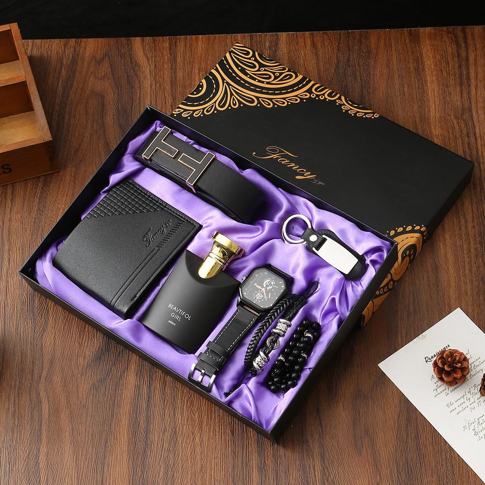 Premium Men's Souvenir Gift Set Custom Logo Leather Wallet Belt Watch Sunglasses 4-Piece Valentine Birthday Luxury Box