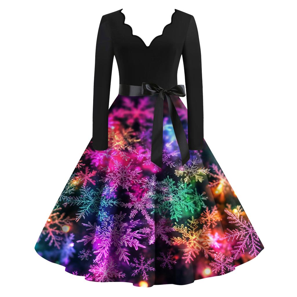 Damen Lässig Und Modisch V-Ausschnitt Langärmlig Weihnachten Bedrucktes Kleid