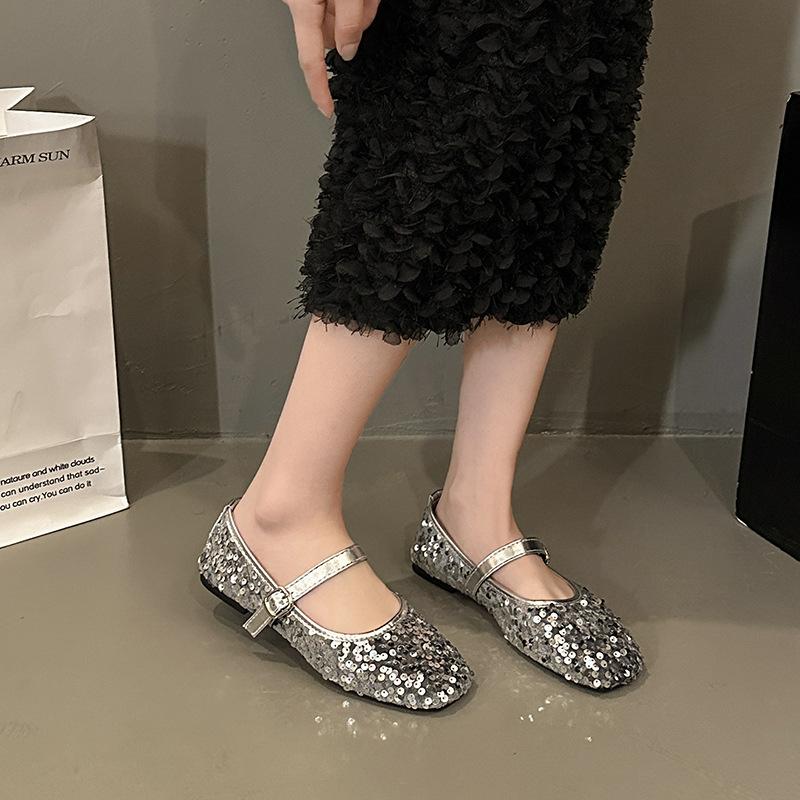 Silber paillettenbesetzte Mary Jane Einzelschuhe Damenschuhe neue Frühling- und Herbsttemperamentschuhe Einwortschuhe
