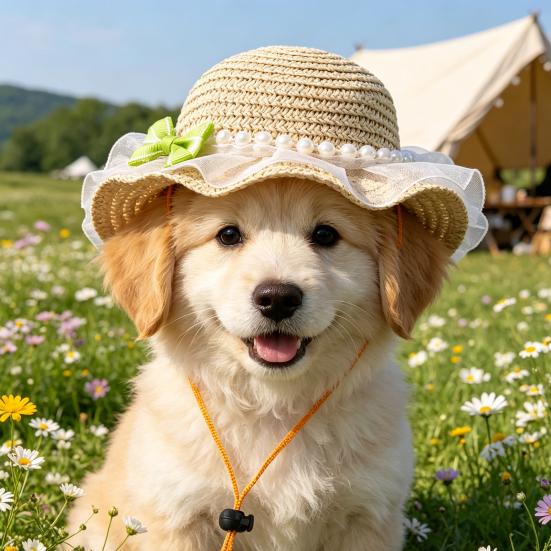 Scalloped Pet Straw Hat Cute Lace Ruffled Cat Sun Hat Sweet Summer Sun Hat for Cats Small Dogs Outdoor Travel Camping
