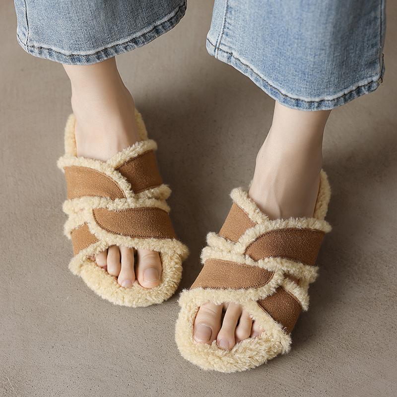 Fashion Women's Luxury Designer Flat Plush Slippers 2024 Autumn and Winter Hot Sale Casual Flocked Lamb Hair Open Toe Slippers Pantufla