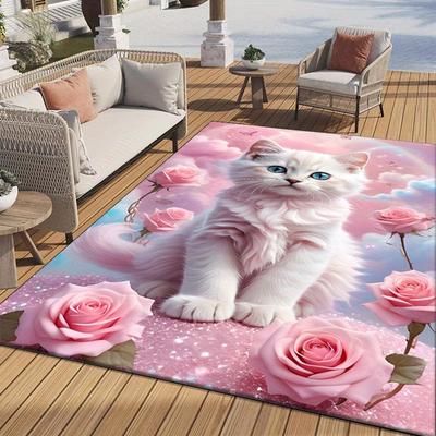 Roze Roos Kat Vloerkleed Zacht Wit Katachtig met Romantische Rozen voor Romantische Decoratie Huisdierliefhebber Cadeaus Antislip tapijt kan in de machine worden gewassen