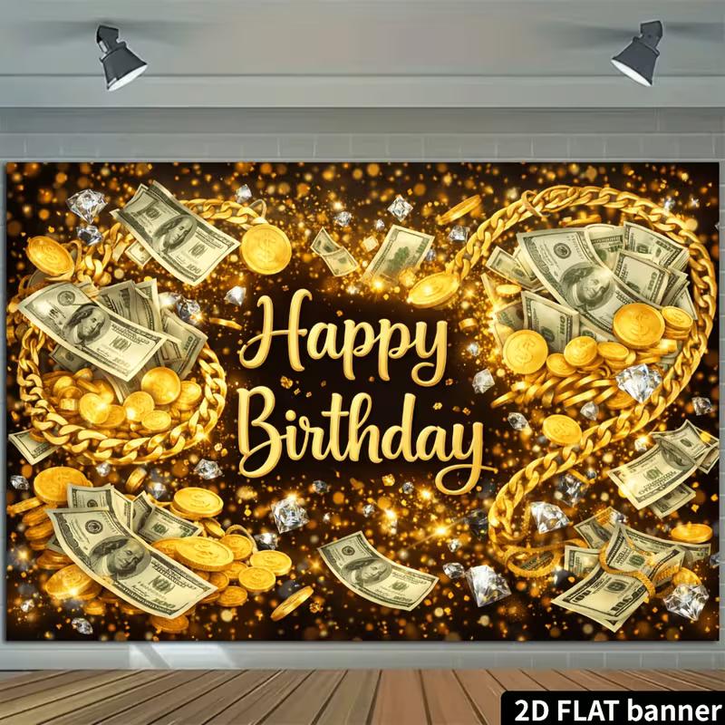 2D Money Birthday Backdrop Black Gold Cash and Confetti Party Background